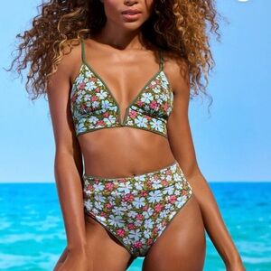 Maaji CROCODILE GREEN PARADE LONG LINE TRIANGLE BIKINI TOP reversible